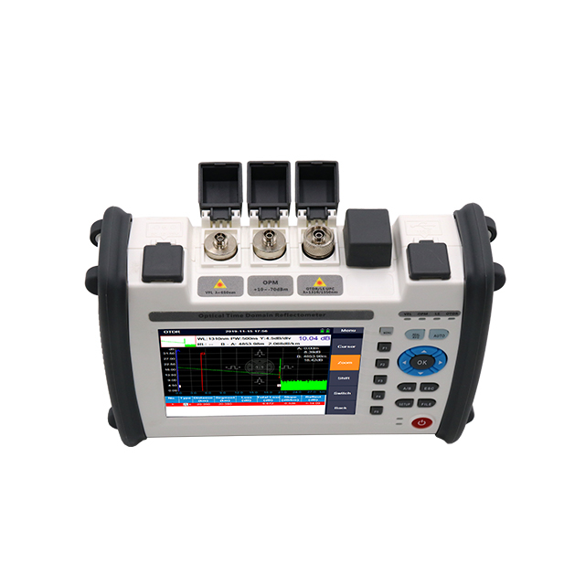 2100PRO-OTDR-top-view-VFL-OPM-OTDR-optical-test-ports-with-dust-covers-and-screen-showing-fiber-test-trace-curve-event-table-and-loss-measurement