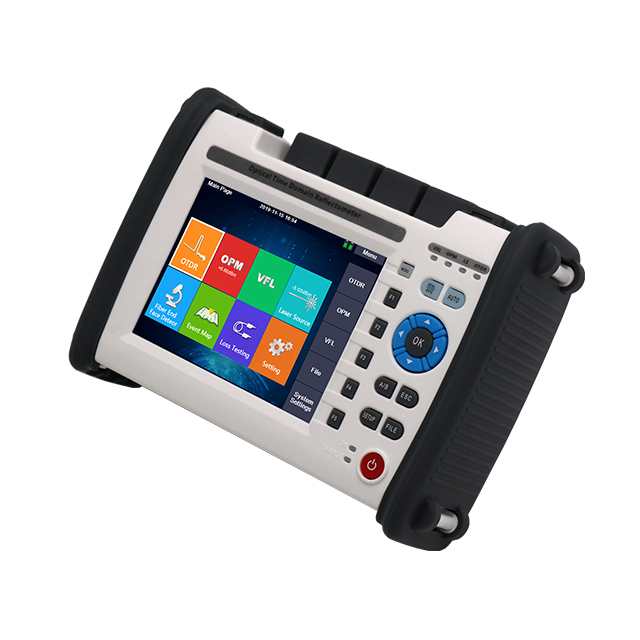 2100PRO-handheld-OTDR-angled-front-view-5.6-inch-touchscreen-main-menu-with-OTDR-OPM-VFL-functions-and-physical-hard-key-buttons