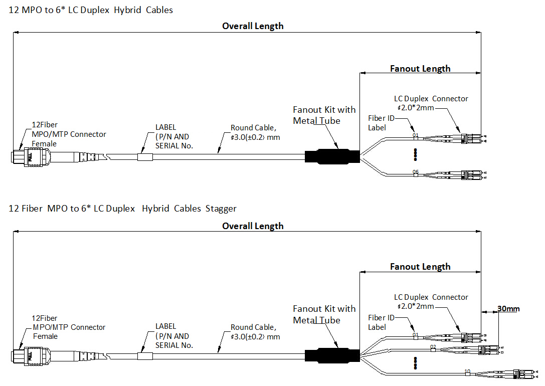 12F MPO to 6 LC duplex hybrid cable