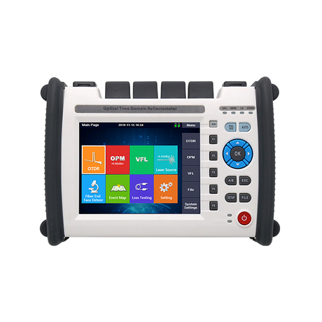2100PRO-handheld-OTDR-front-view-5.6-inch-touchscreen-with-OTDR-OPM-VFL-light-source-and-hard-key-buttons